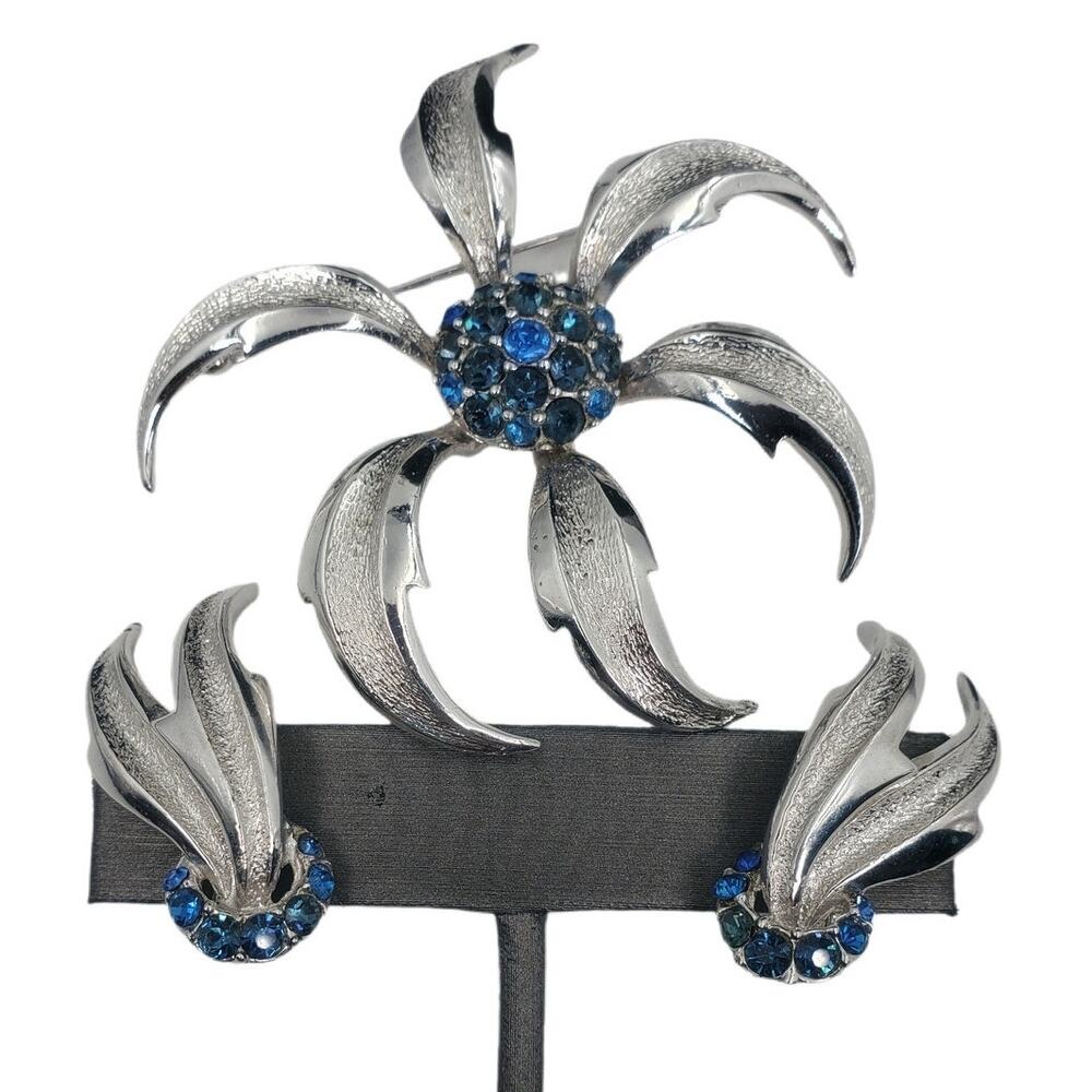 Vintage Marcel Boucher Blue Crystal Starburst Floral Brooch & Earrings Set 1950s
